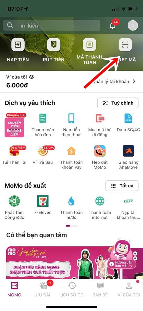 Nhập vào quét mã trên Momo