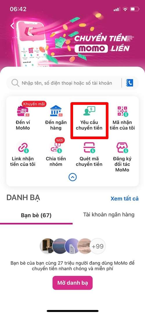 Chọn yêu cầu chuyển tiền trên ứng dụng Momo