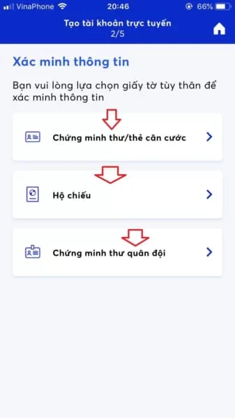 Chọn giấy tờ tùy thân để xác minh