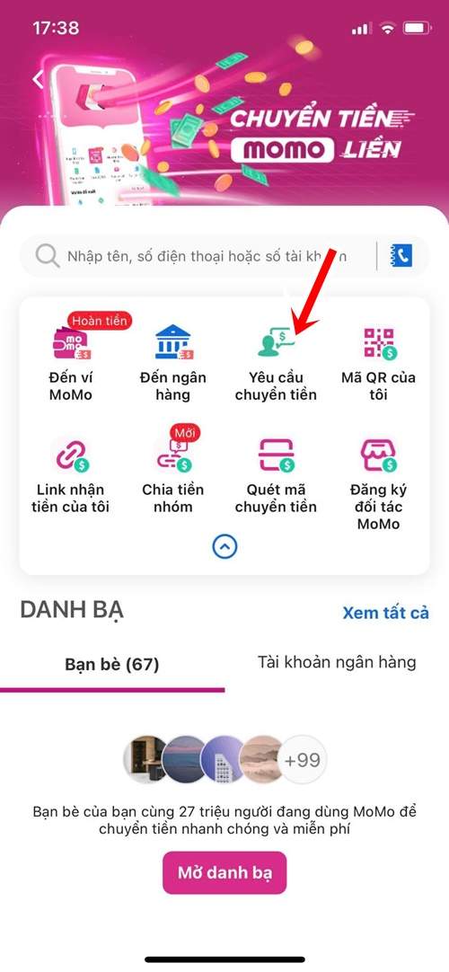 Chọn tính năng yêu cầu chuyển tiền 