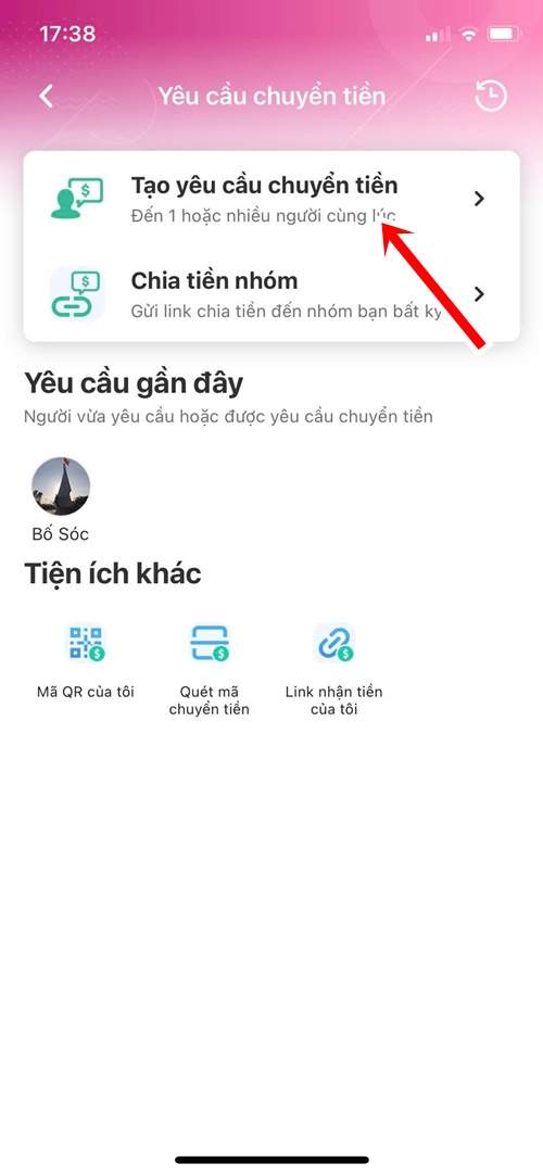 Tạo yêu cầu chuyển tiền gửi đến bạn bè