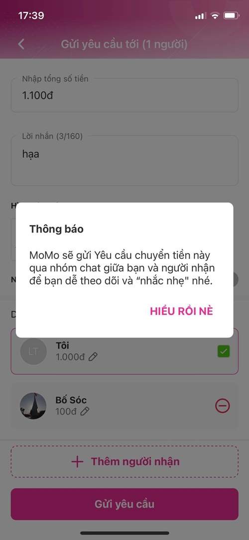 Hệ thống thông báo sẽ gửi yêu cầu chuyển tiền 