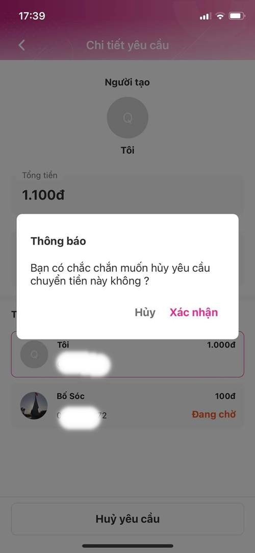Hệ thống sẽ hỏi lại bạn có muốn hủy yêu cầu giao dịch 