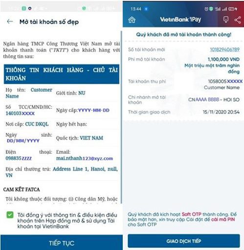 Thanh toán phí mở tài khoản số đẹp VietinBank