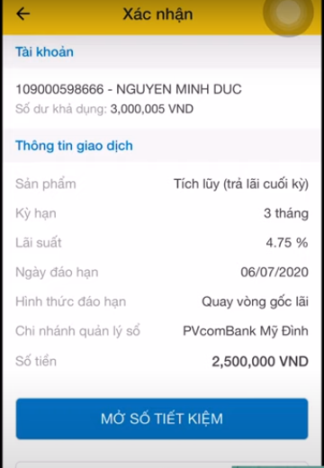 Xác nhận mở sổ tiết kiệm