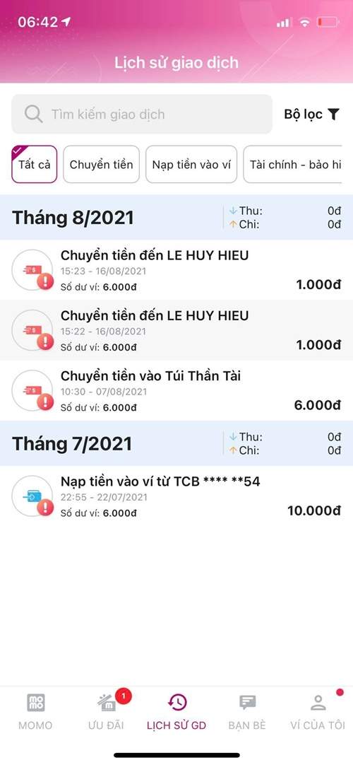 Xem lịch sử giao dịch trên ví Momo