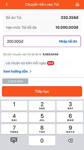 Nhập số tiền và bấm tiếp tục giao dịch