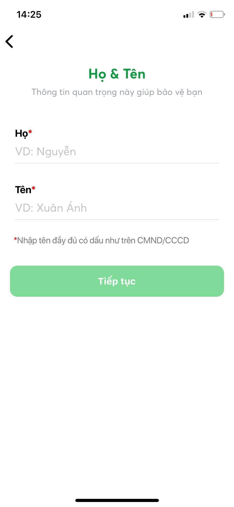 Nhập họ tên in hoa theo chứng minh nhân dân