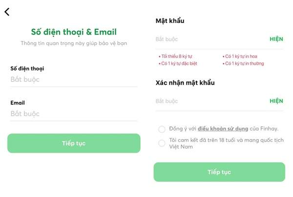 Nhập số điện thoại và cài đặt mật khẩu
