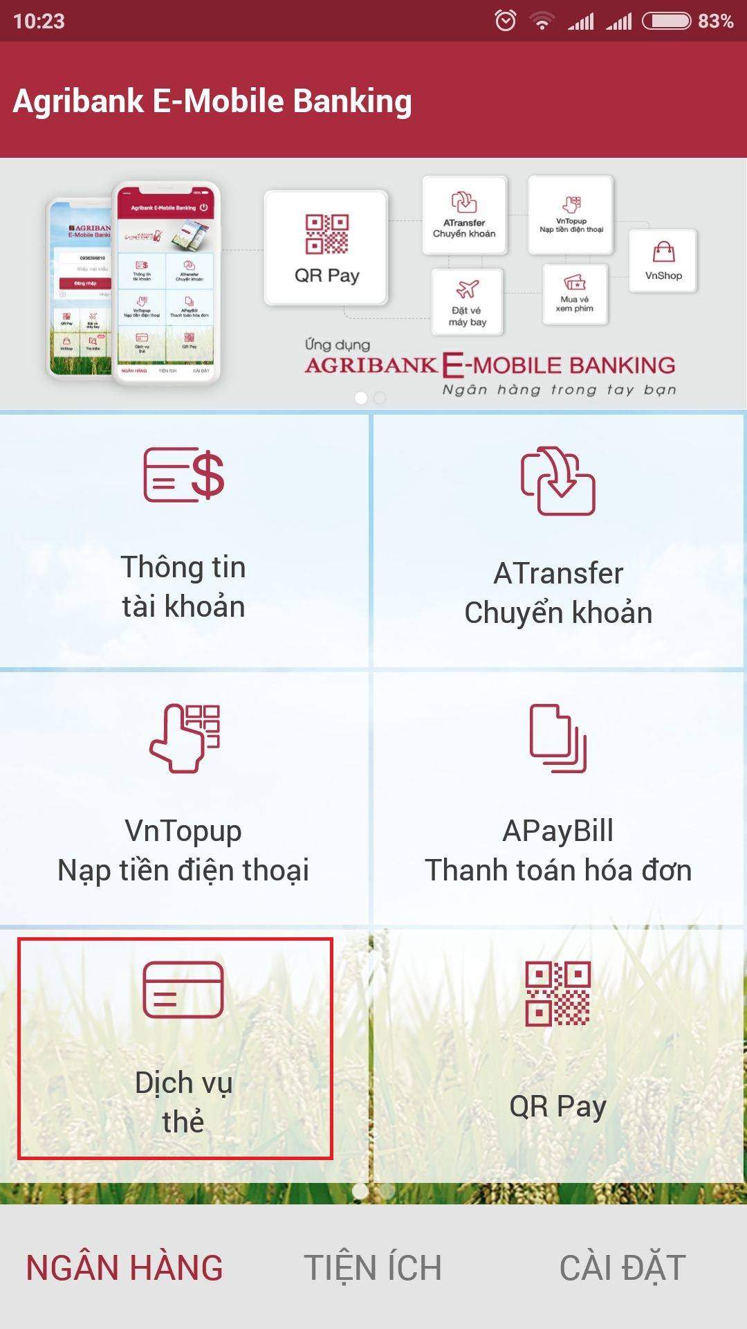 Chọn tính năng dịch vụ thẻ 