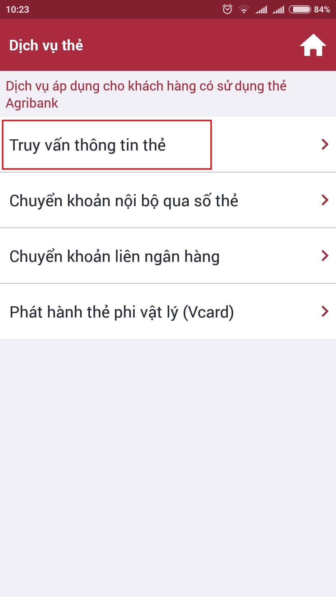 Nhấn chọn truy vấn thông tin thẻ 