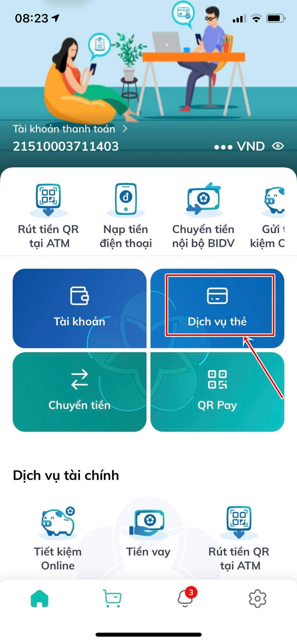 Chọn tính năng Dịch vụ thẻ
