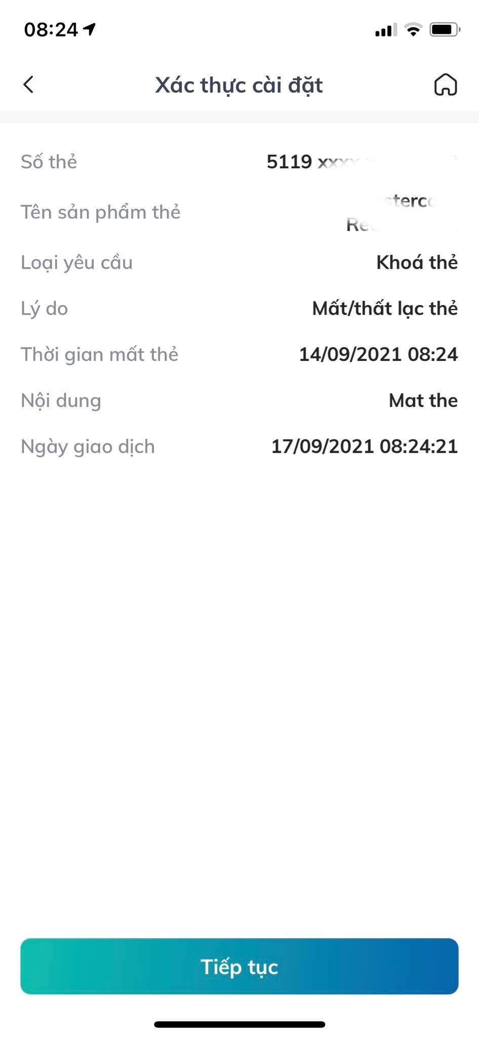 Xác nhận thông tin khóa thẻ