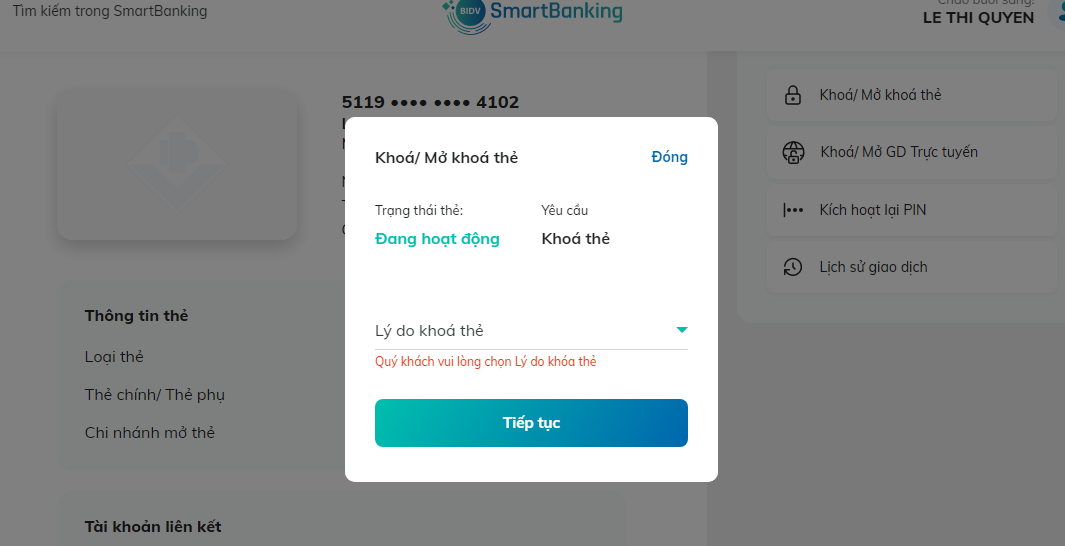 Nhấn chọn lý do khóa thẻ