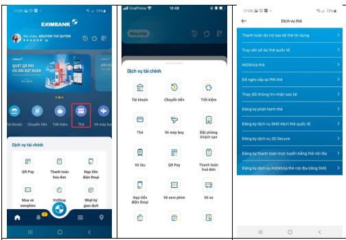 Khóa thẻ qua Mobile Banking Eximbank