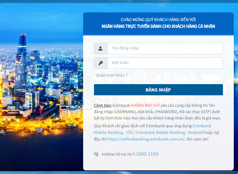 Đăng nhập vào ngân hàng trực tuyến Eximbank 