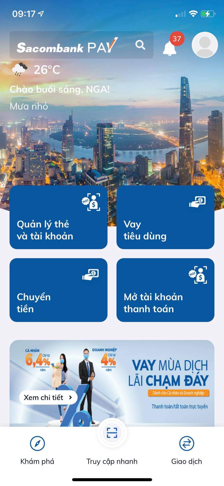 Nhấn chọn tính năng quản lý thẻ và tài khoản 