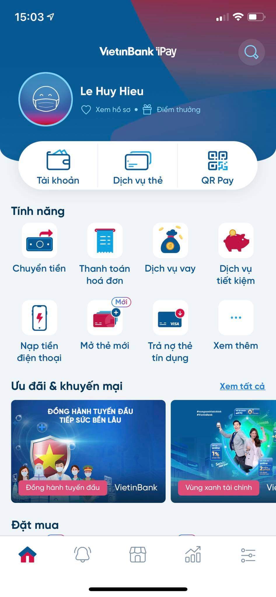 Nhấn chọn tính năng Dịch vụ thẻ tại app 