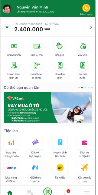 Nhấn chọn tính năng dịch vụ thẻ trên app 