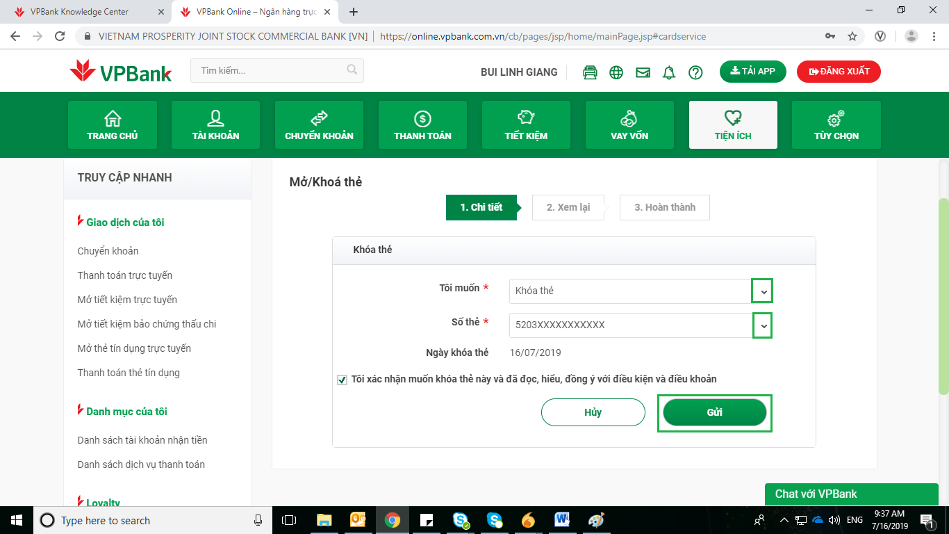Nhấn chọn lý do khóa thẻ mà hệ thống đưa ra 