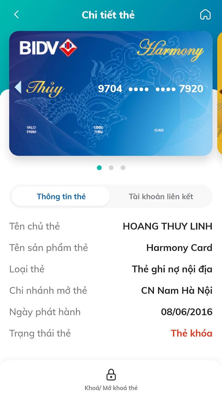 Chọn loại thẻ BIDV cần mở khóa