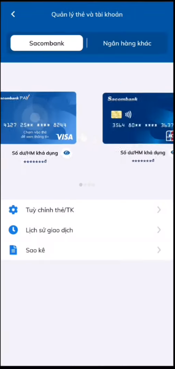 Nhấn chọn tùy chỉnh thẻ/tài khoản 
