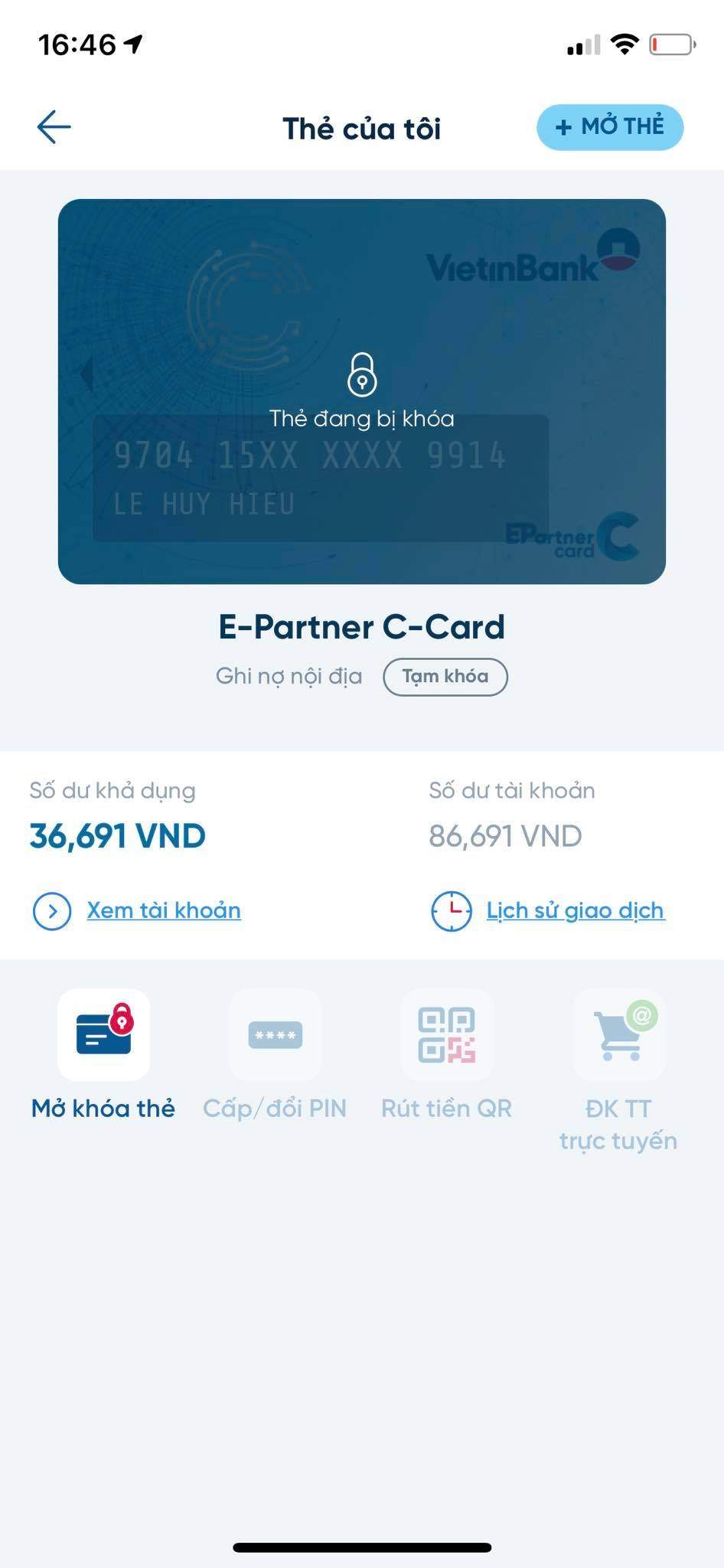 Nhấn chọn mở khóa thẻ 