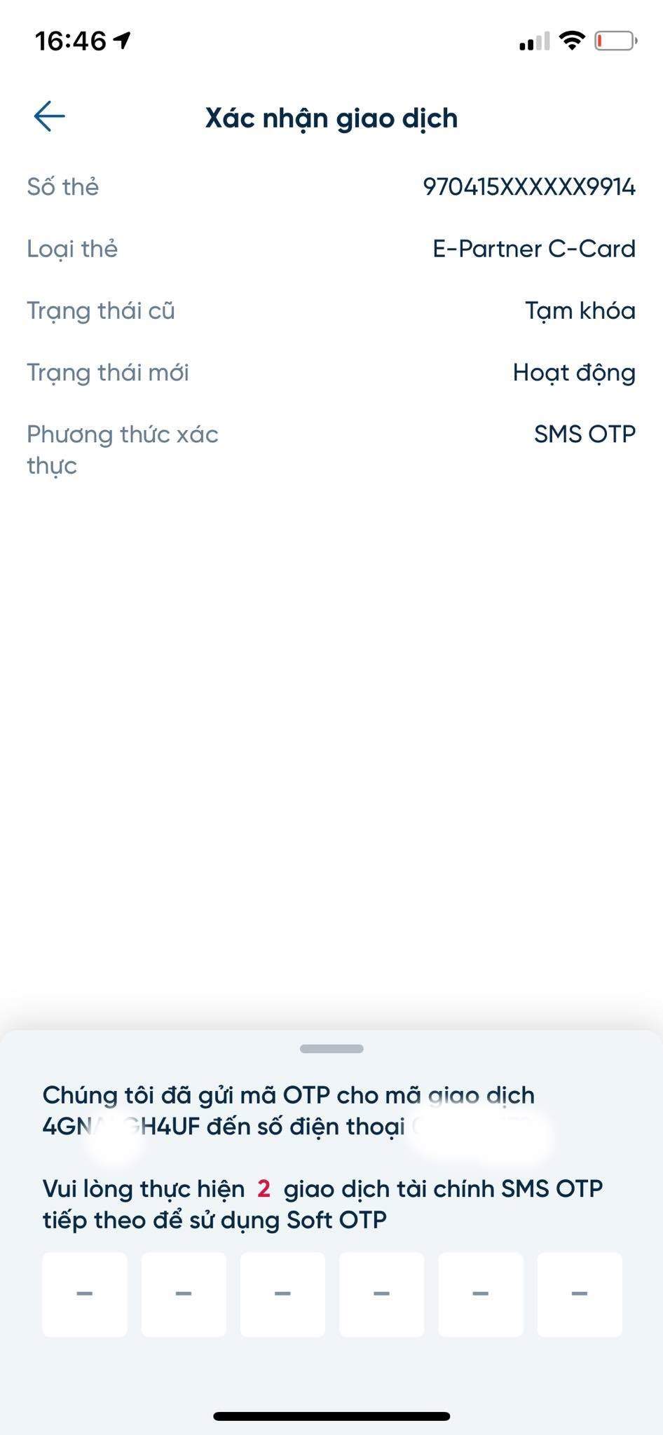 Nhập mã OTP để thực hiện giao dịch