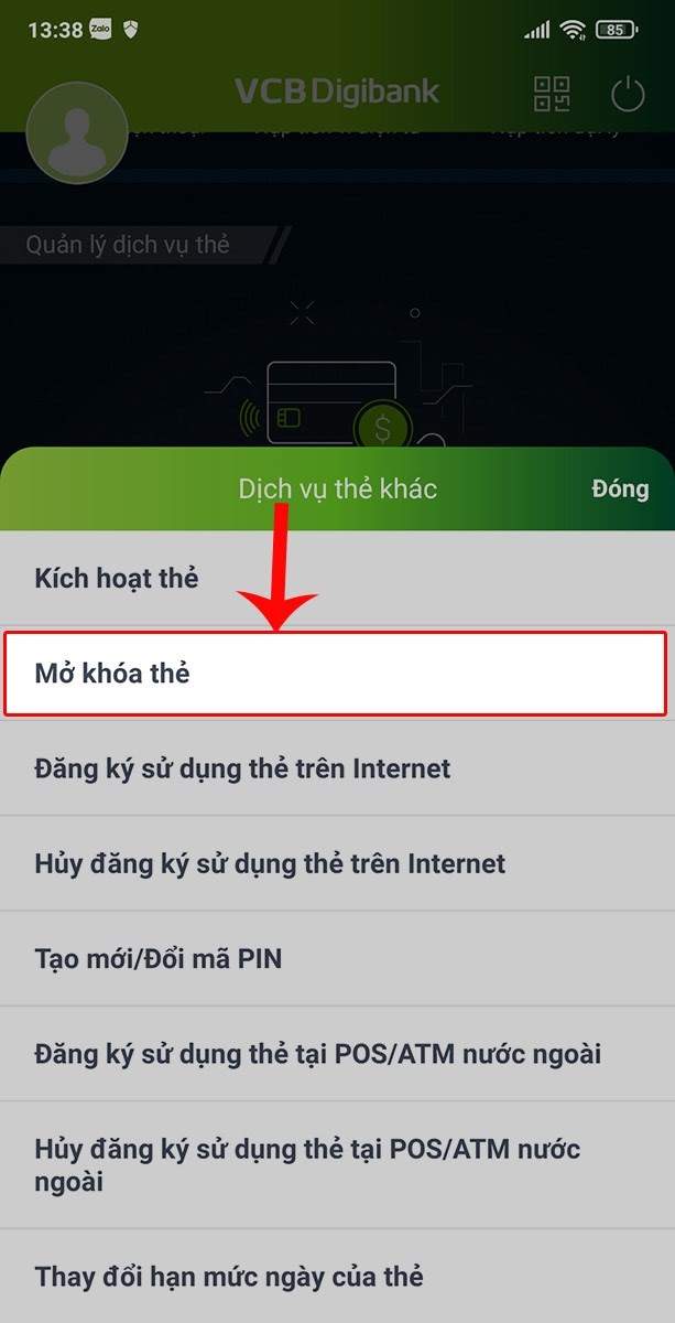 Chọn tính năng mở khóa thẻ 