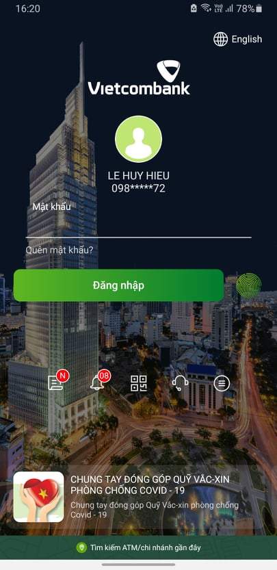 Đăng nhập vào ứng dụng Vietcombank 
