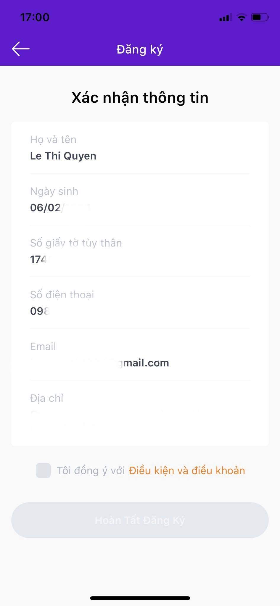Xác nhận và hoàn tất thông tin