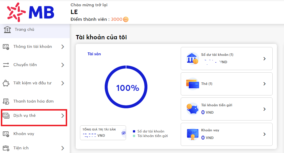 Nhấn vào mục dịch vụ thẻ