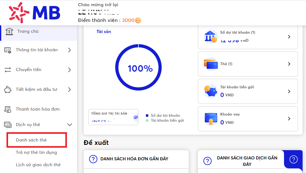 Nhấn chọn danh sách thẻ