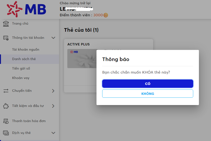 Xác nhận thông tin khóa thẻ MBBank