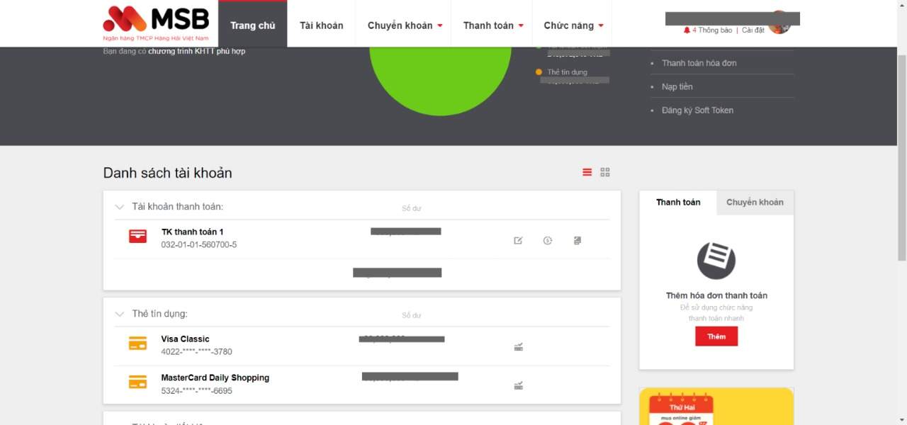 Tại trang chủ sẽ hiển thị danh sách thẻ bạn đang có 