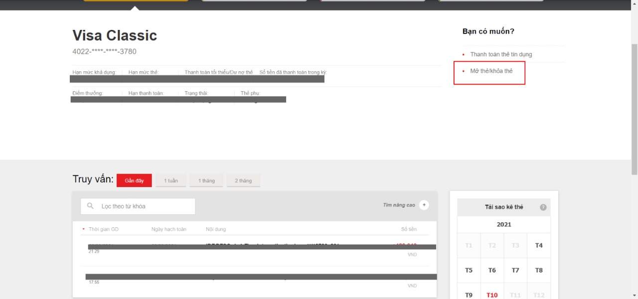 Nhấn khóa thẻ tại góc phải màn hình 