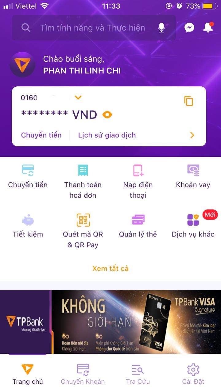Chọn mục Quản lý thẻ TPbank 