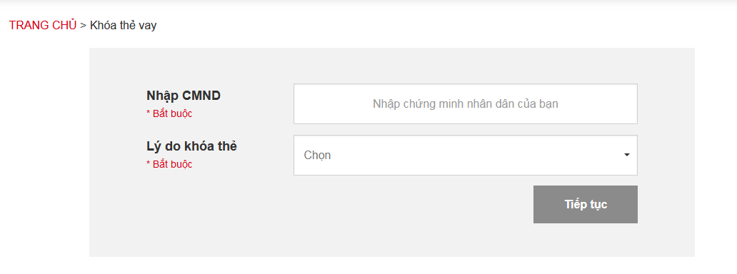 Khóa thẻ trực tiếp trên Website VietCredit
