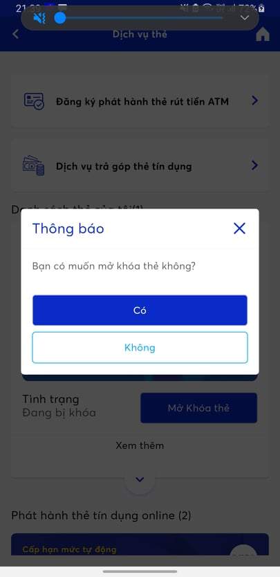Xác nhận giao dịch mở khóa thẻ MBBank 