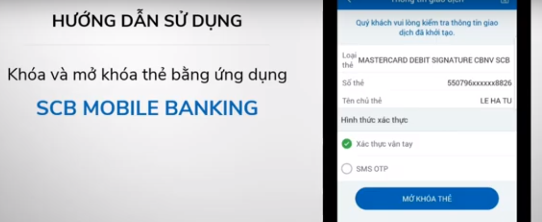 Lựa chọn hình thức xác thực để mở khóa thẻ SCB 