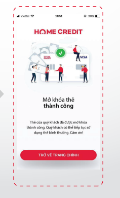 Hệ thống thông báo mở khóa thẻ thành công 