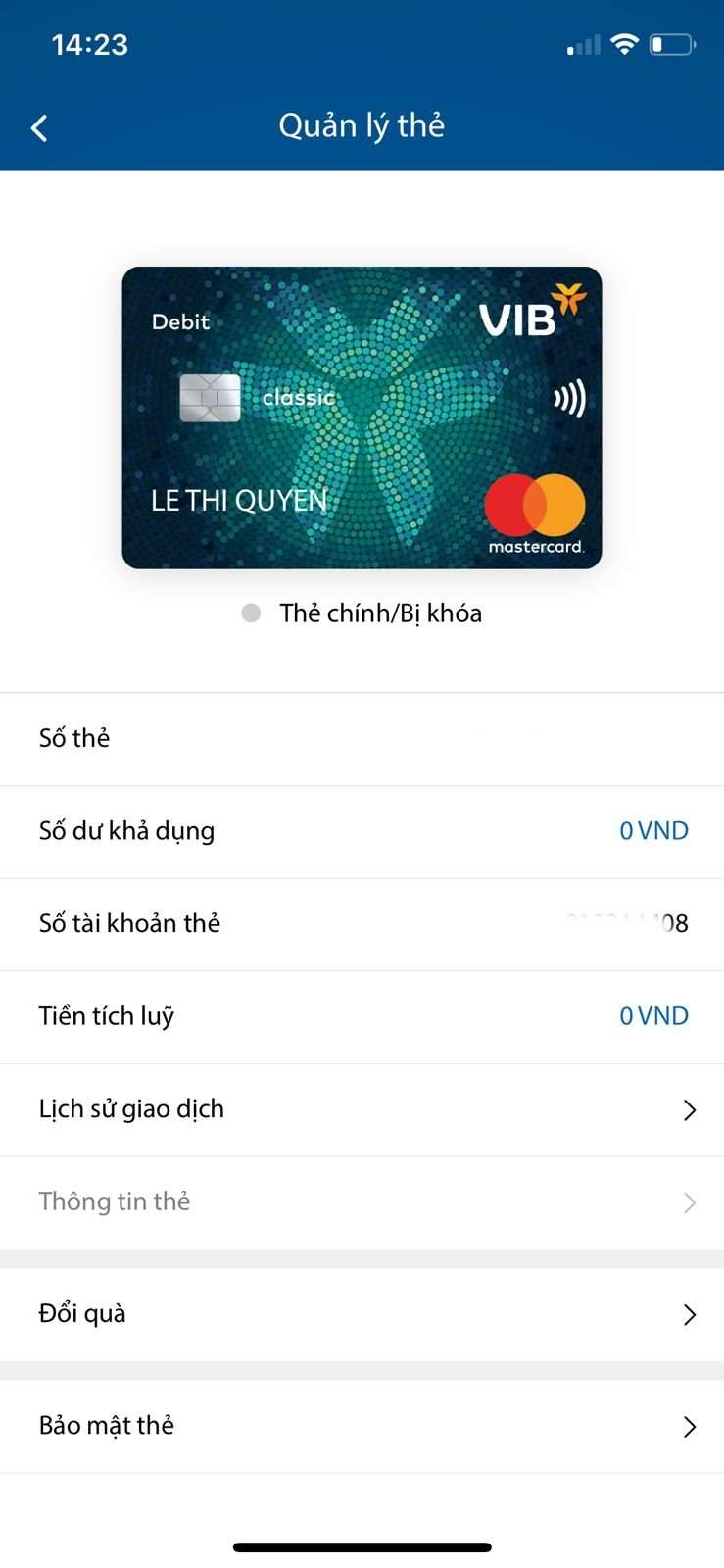 Nhấn vào mục Bảo mật thẻ để mở khóa thẻ 