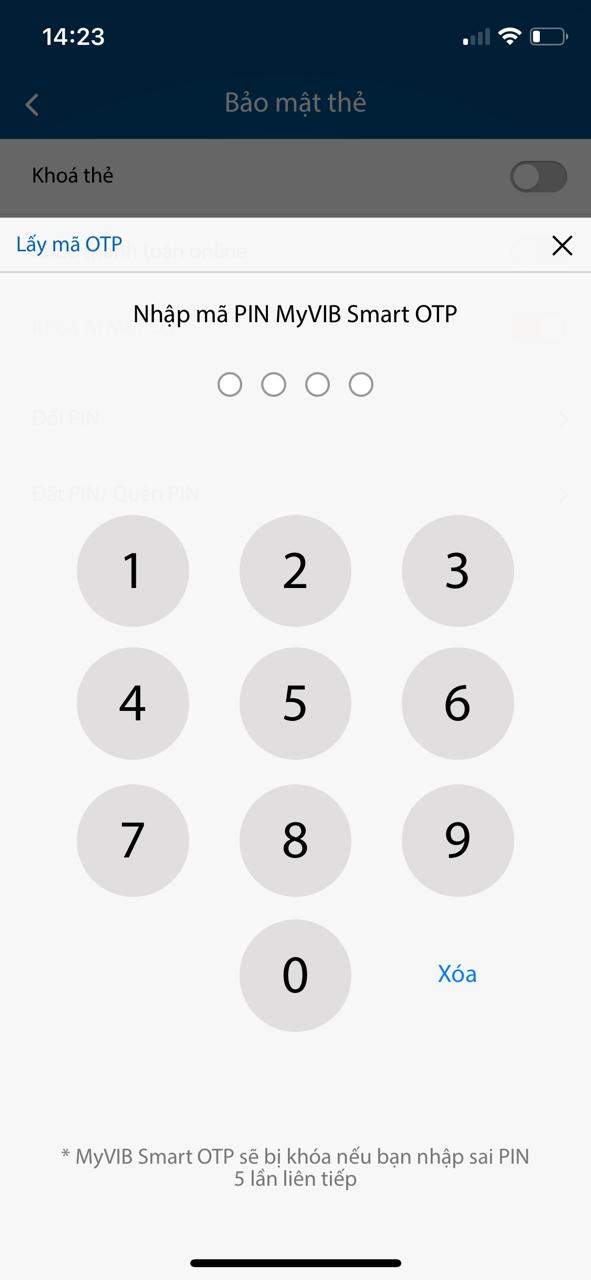 Nhập mã PIN để thực hiện khóa thẻ VIB